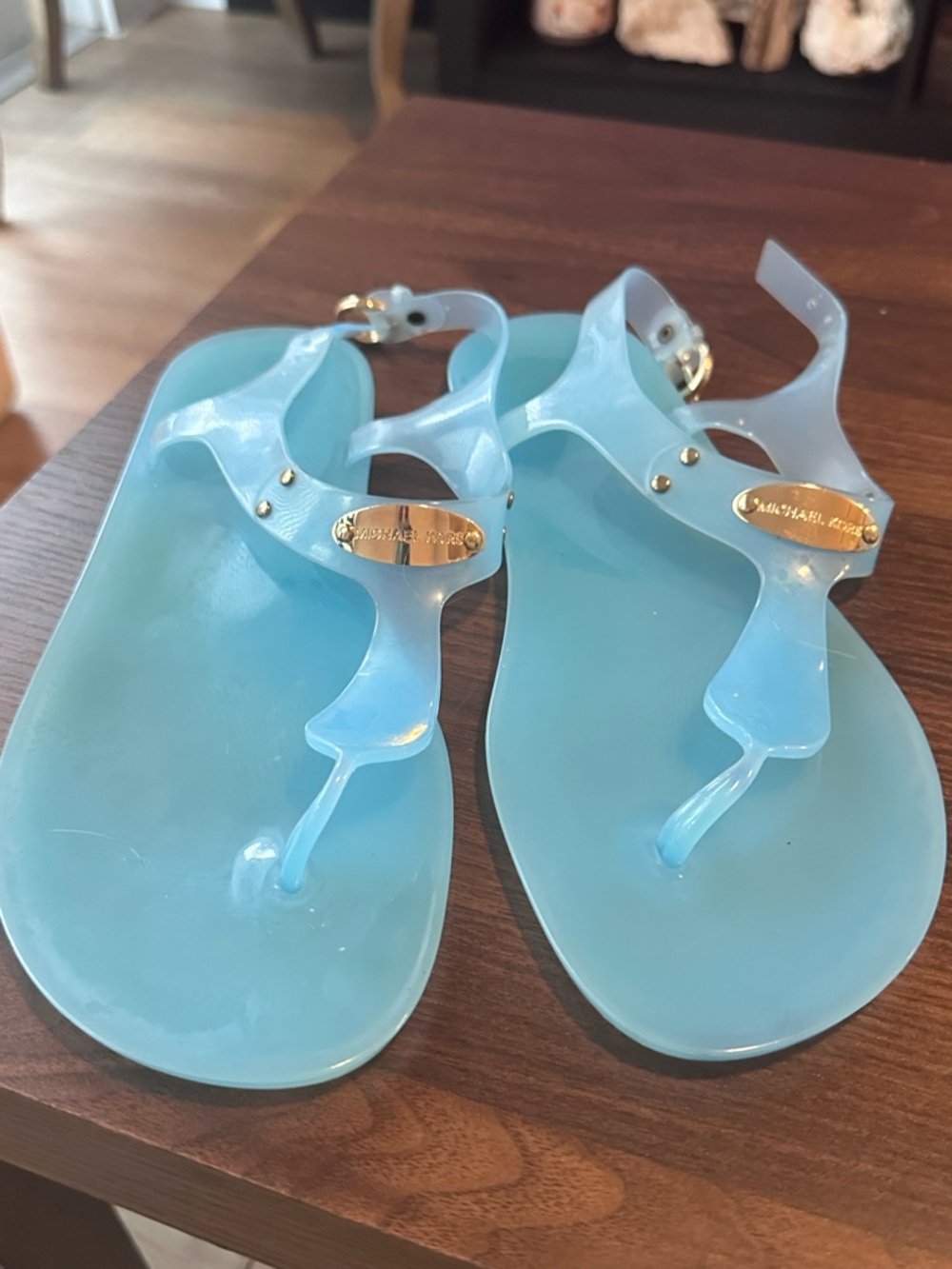 Michael Kors Sky Blue Jelly Thong Sandals with Gold Logo